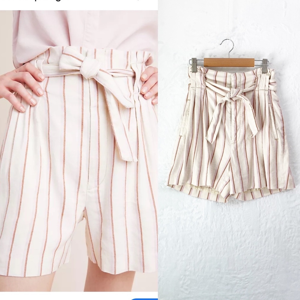 Anthropologie Edisto Paperbag-Waisted Linen Blend Striped Shorts Sz 2